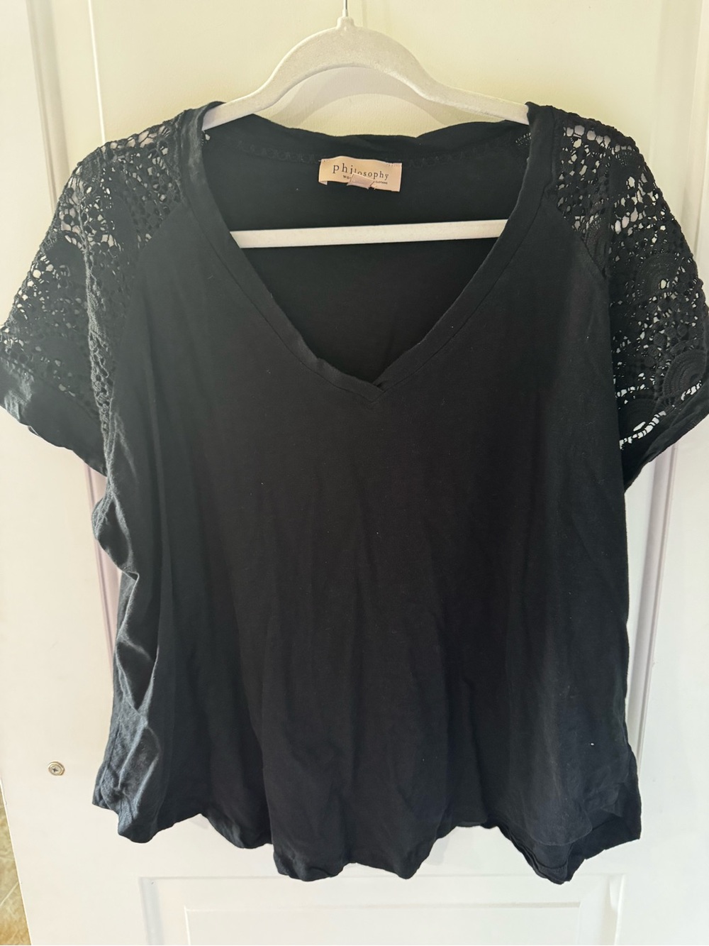 Philosophy Black V-Neck Top with Crochet Short Sleeves